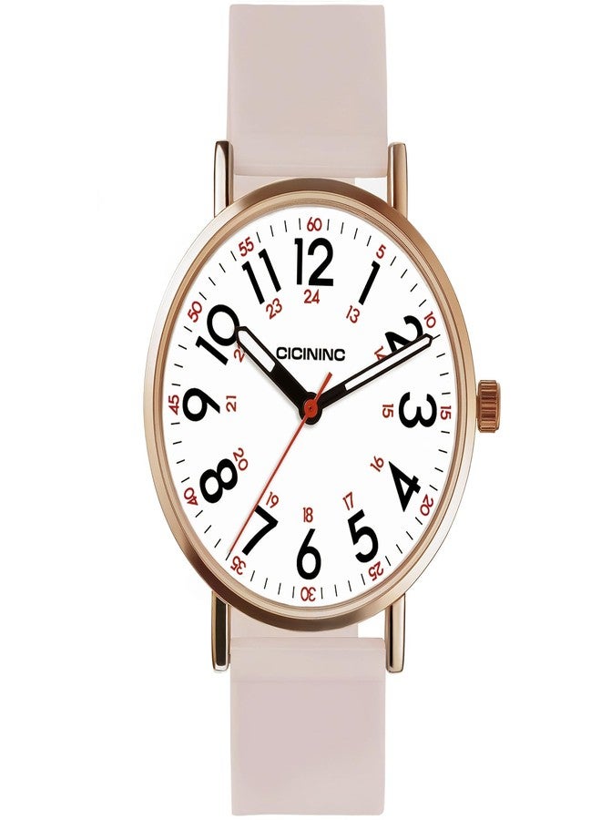 cicininc Watch with Second Hand Nursing for Women, Analog Watches for Nurses, 12/24 Hour Military Time, Easy Read Dial, Colorful Silicone Band, Pink, Modern - Image 2