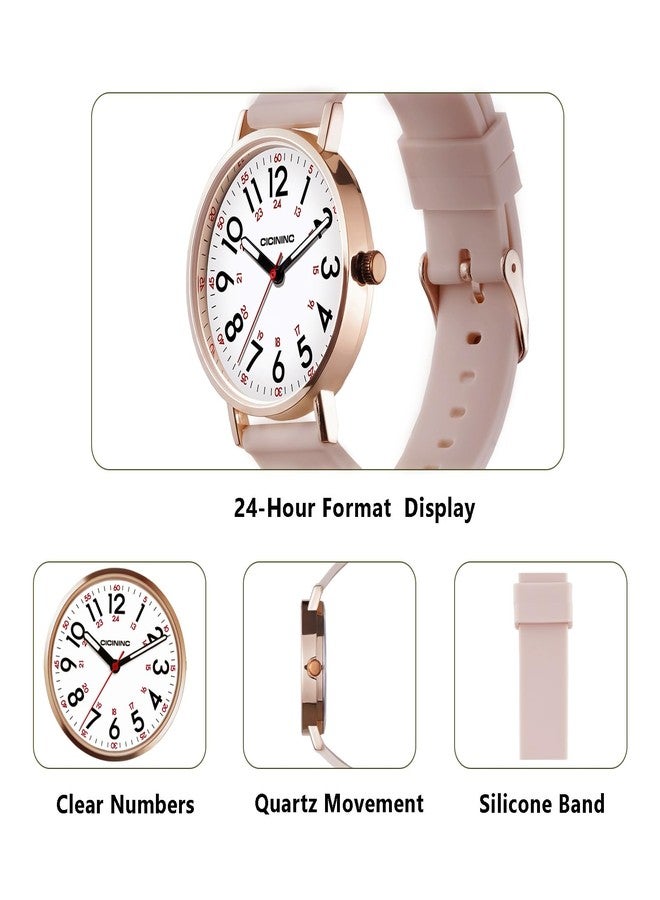 cicininc Watch with Second Hand Nursing for Women, Analog Watches for Nurses, 12/24 Hour Military Time, Easy Read Dial, Colorful Silicone Band, Pink, Modern - Image 5