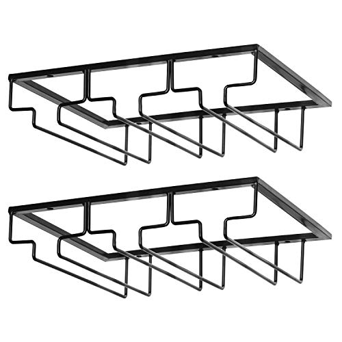FOMANSH Wine Glass Rack - Under Cabinet Stemware Wine Glass Holder Glasses Storage Hanger 2 Pack Metal Organizer for Bar Kitchen Black - Image 1
