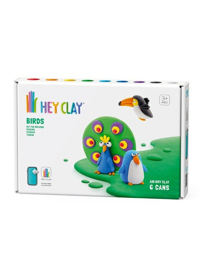 HEY CLAY DIY Birds: Toucan, Penguin, Peacock Plastic Creative Modelling Air-Dry Clay For Kids 6 Cans - Image 1