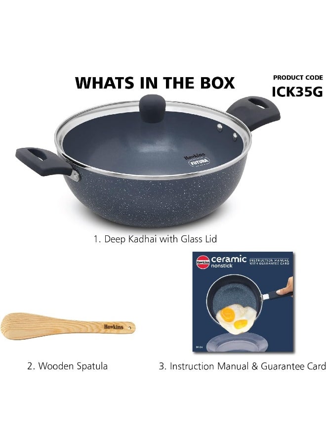 3.5 Liters Ceramic Nonstick Deep Kadhai/ Frying Pan With Glass Lid,Induction Compatible,Grey