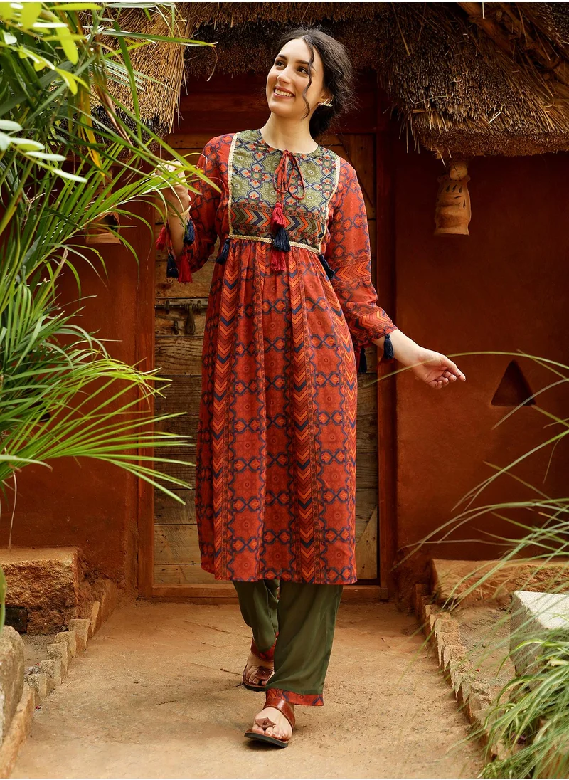 QISSA Women's Terracotta Orange Geometric Block Kurta With Trousers
