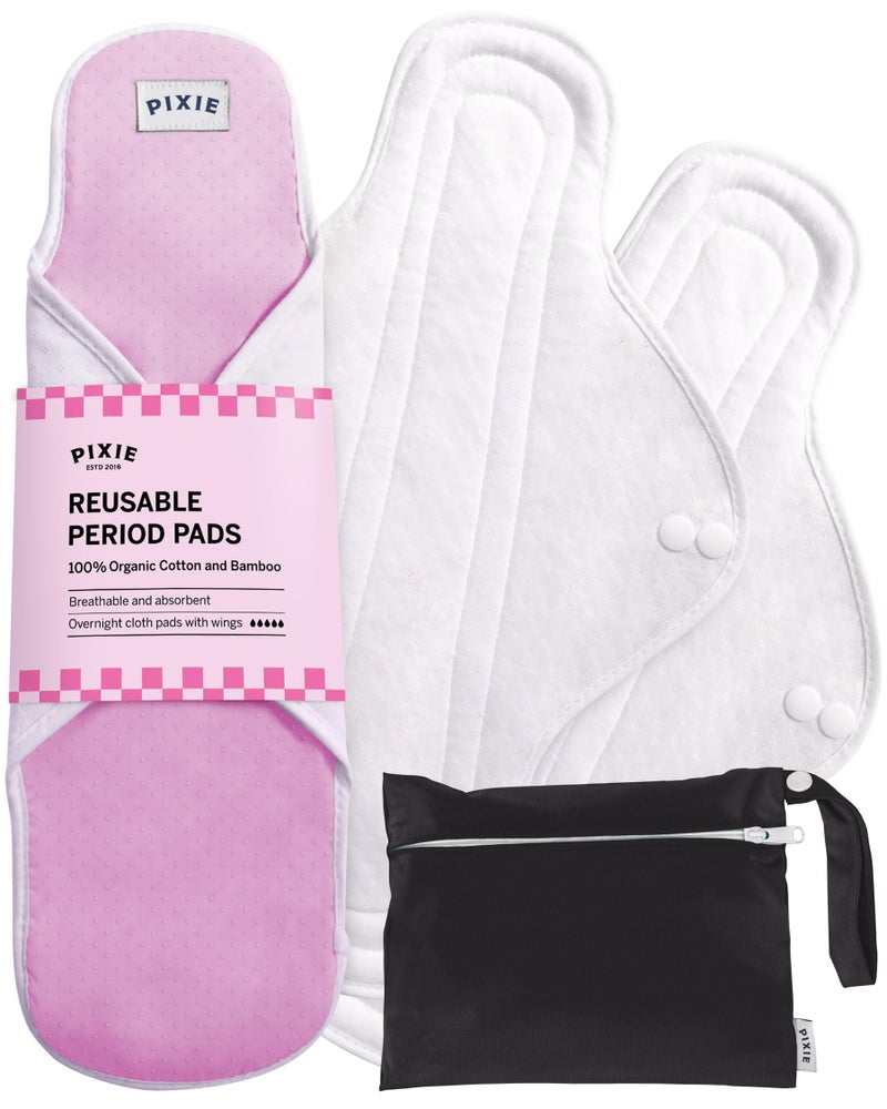 Pixie Cup Pixie Cotton Cloth Pads - 100% Organic Reusable Cotton -Ranked 1 for Softest Menstrual Pads - Machine Washable & Includes Free Wet Bag - Menstrual Liner Pads - Sanitary Napkins (Overnight) - Image 1