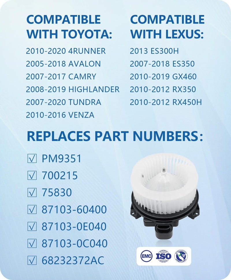 GVPART4U Front Blower Motor for Toyota Tundra Camry 4Runner Highlander Venza Avalon 2007 2008 2009 2010 2011 2012 2013 2014 2015 2016 2017 2018, for 2007-2019 Lexus OE: PM9351 75830 871030E040 - Image 2