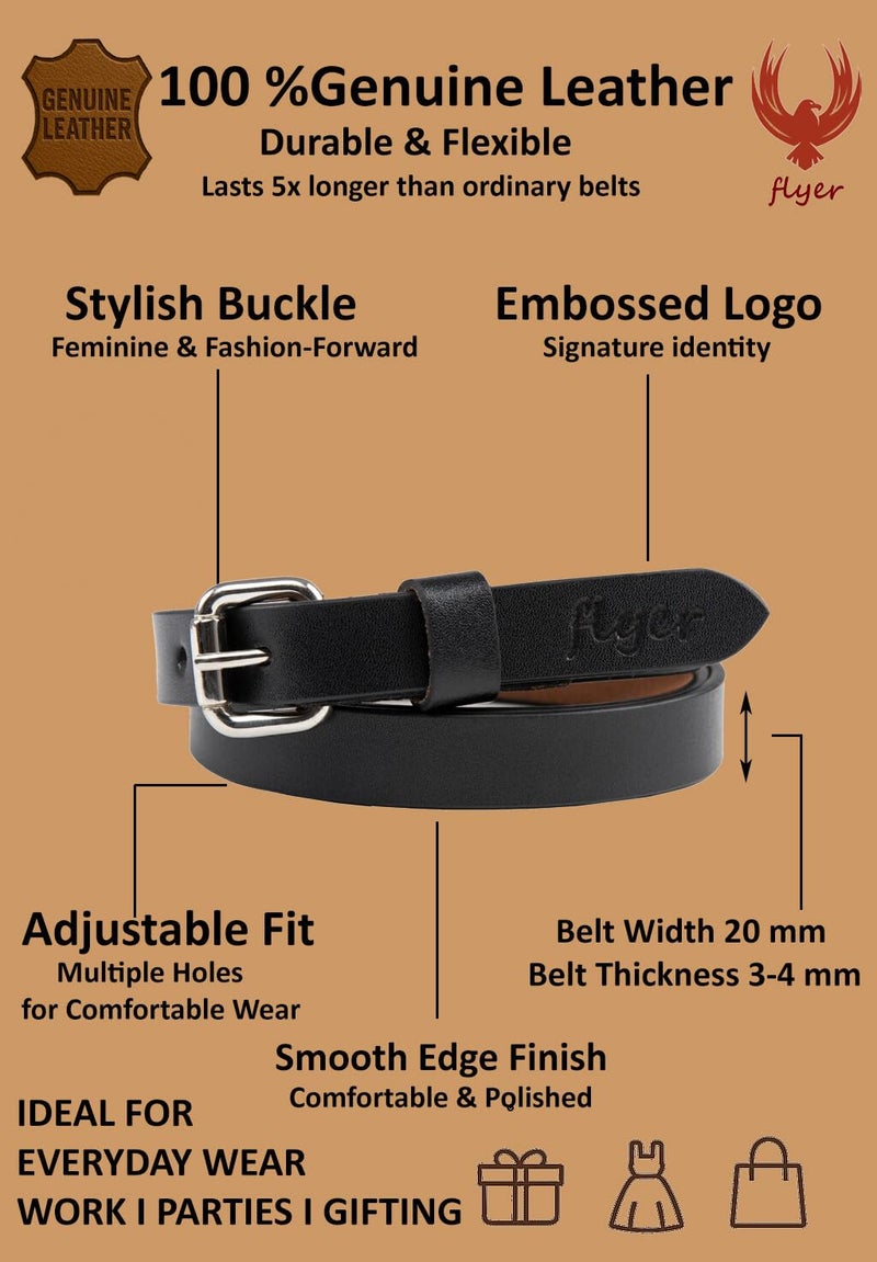 Flyer Girls Black Leather Belt – Genuine Leather Kids Belt for wear on Jeans, Dress, School & Party – Adjustable Stylish for Girls 2–14 Years | 2 Years Warranty BL1281 - Image 2