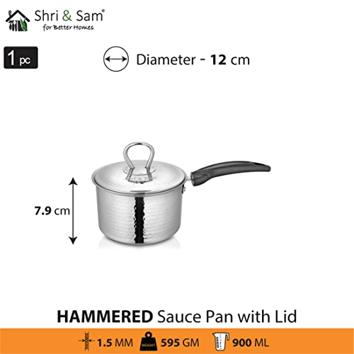 Shri & Sam Stainless Steel Heavy Weight Hammered Sauce Pan with Lid (12 cm, 0.9 L) - Image 3