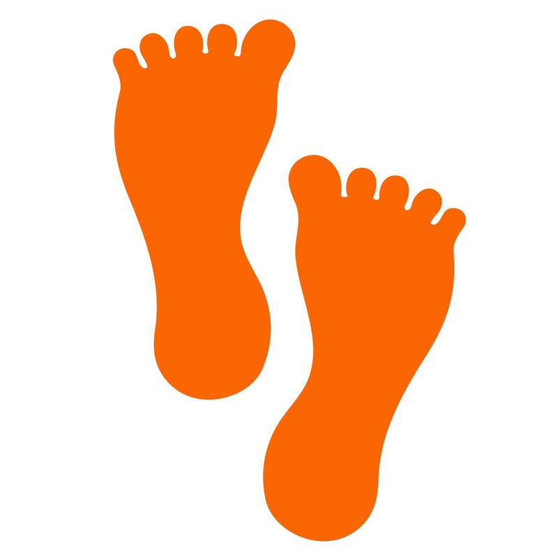 LiteMark 7 Inch Removable Orange Barefoot Footprint Stickers - Waterproof Gloss Finish Vinyl Decals Pack of 12 (6 Pairs)