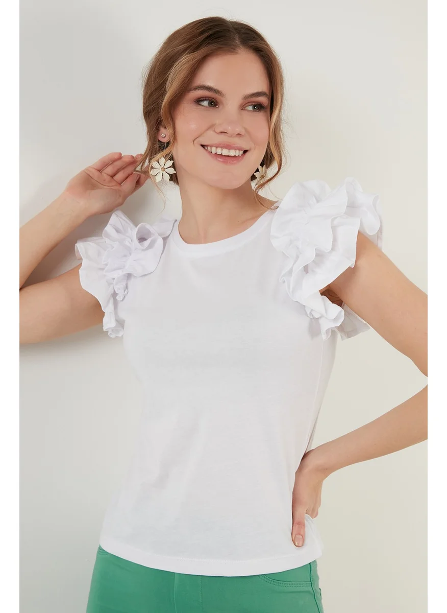 Lela Ruffled Sleeves Slim Fit Crew Neck 100% Cotton T Shirt Women's T Shirt 5864500