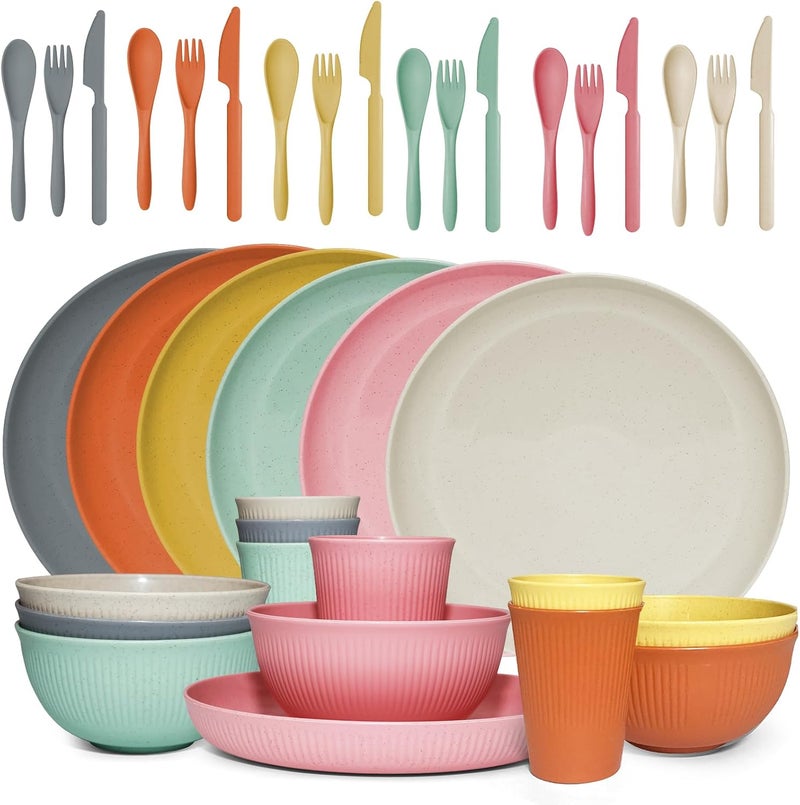 DAPIPIK 36 pcs Wheat Straw Dinnerware Sets Unbreakable Reusable Dinnerware Set ，Lightweight Camping Plates Cups and Bowls Set. Dishwasher Microwave Safe Dinnerware - Image 1
