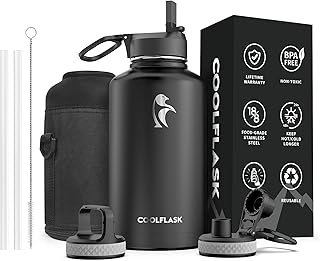 Coolflask 64 Water Bottle oz with Straw & Spout Lid,  Insulated Water Bottle Half Gallon Wide Mouth, Sweat-Proof - Image 1