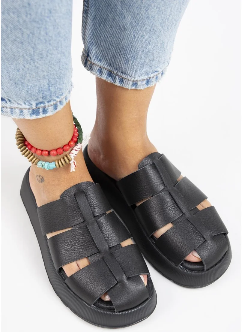 Manijero Rodin Women's Leather Three-Striped Sabo Black Slippers