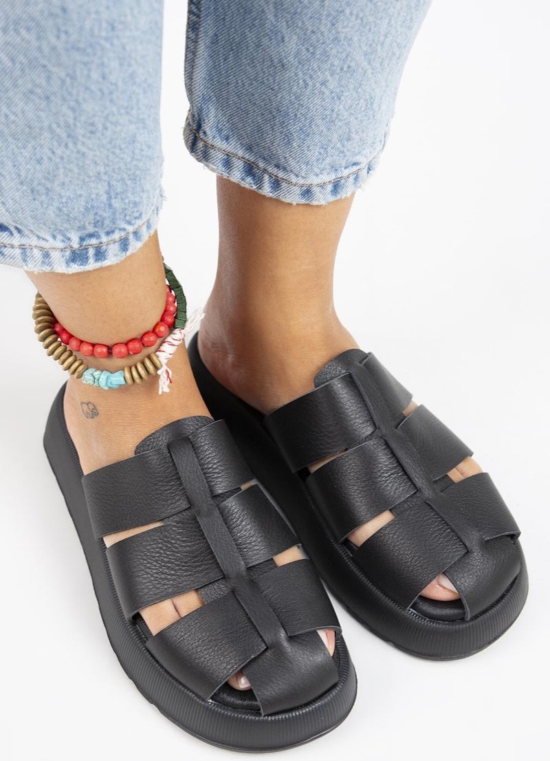 Manijero Rodin Women's Leather Three-Striped Sabo Black Slippers - Image 2