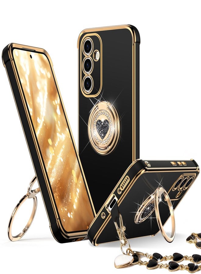 XYZ جراب XYZ لهاتف Galaxy S25 مع حامل، جراب لهاتف Samsung Galaxy S25 مع حامل بحلقة مزدوجة، جراب هاتف واقٍ فاخر للنساء والفتيات على شكل قلب لطيف لهاتف Samsung S25، أسود - Image 1