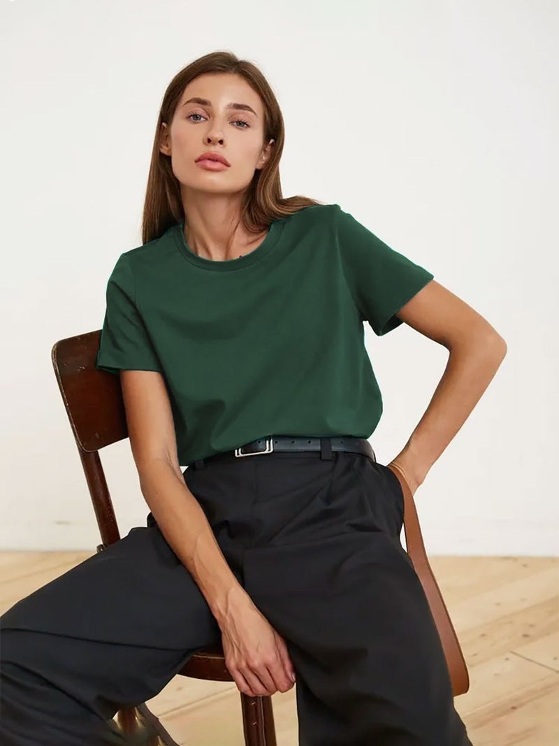 Pure Cotton Casual Base Shirt Short-Sleeve Solid Color Crewneck T-Shirt New Summer All-Match Top Commuter Couple Dress - Image 1