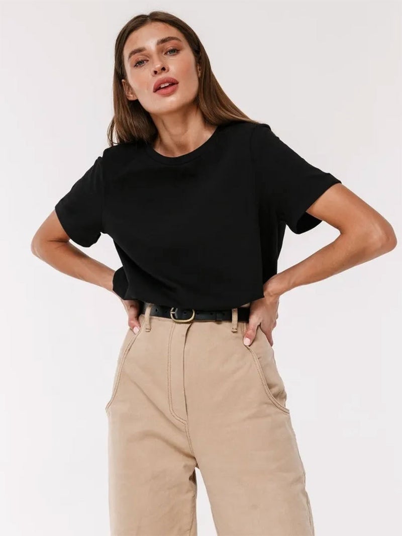 Pure Cotton Casual Base Shirt Short-Sleeve Solid Color Crewneck T-Shirt New Summer All-Match Top Commuter Couple Dress - Image 3