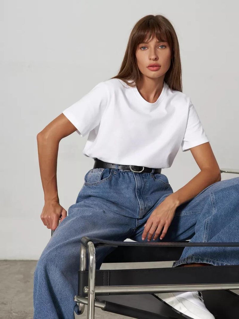 Pure Cotton Casual Base Shirt Short-Sleeve Solid Color Crewneck T-Shirt New Summer All-Match Top Commuter Couple Dress - Image 2