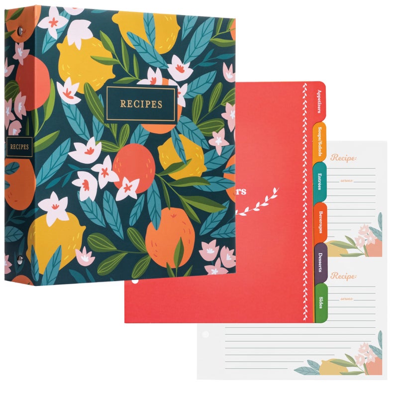Jot Mark 85 x 95 3 Ring Recipe Binder with 50 Matching 4x6 inch Recipe Cards 25 Top Bottom Binder Sleeve Sheet Protector 5 FullPage Undivided Sleeves 6 Sturdy Divider Tabs Winter Orchard