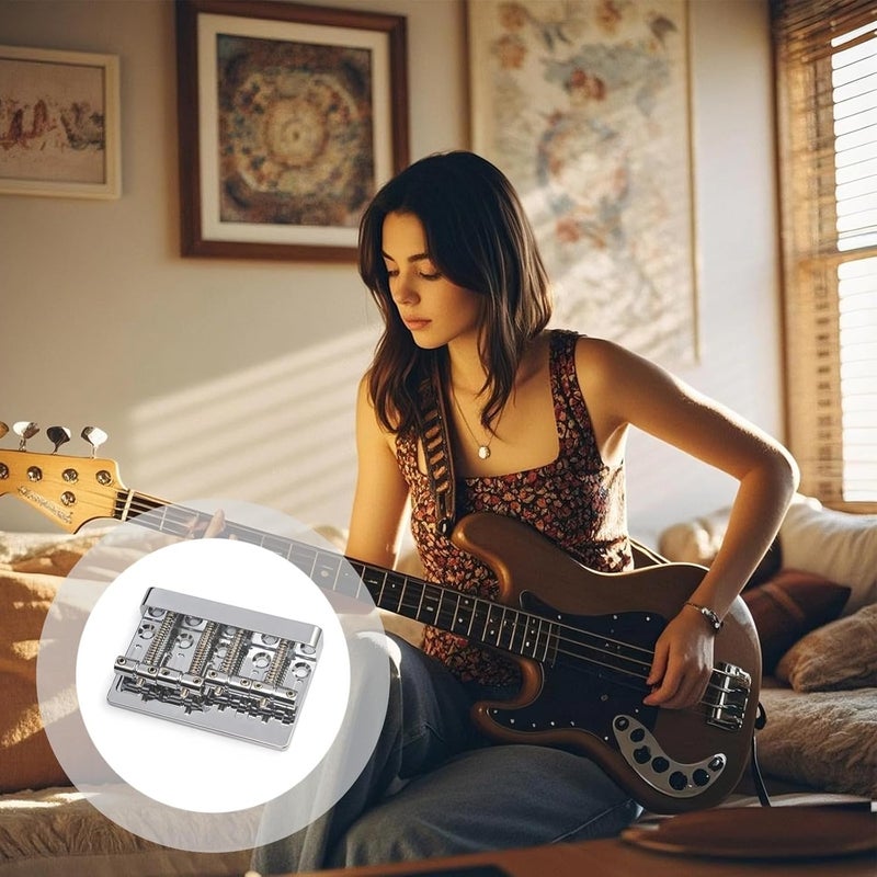 4-String Bass Bridge for Jazz Basses, Chrome-Plated Zinc Alloy with Mounting Hardware & Adjustment Tool - Image 2