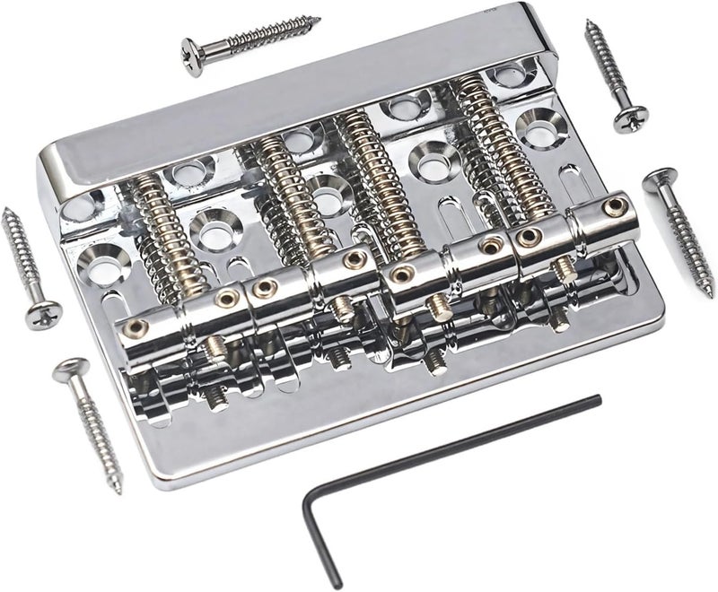 4-String Bass Bridge for Jazz Basses, Chrome-Plated Zinc Alloy with Mounting Hardware & Adjustment Tool - Image 1