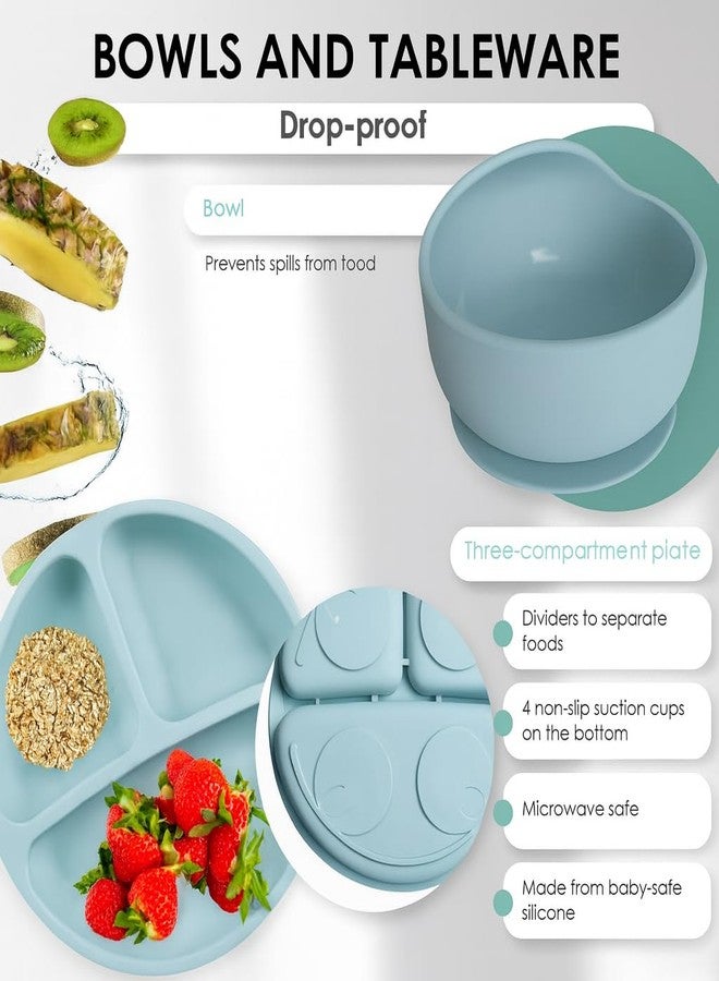 TERI BERI 6-in-1 Silicone Baby Feeding Set | Suction Plate, Bowl, Sippy Cup, Bib, Spoon & Fork | BPA Free, Food Grade, Unbreakable & Dishwasher Safe | Baby Weaning Essentials (Grey Blue) - Image 3