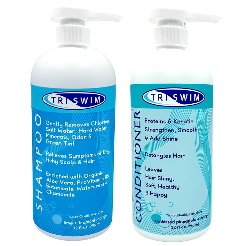 TRISWIM Hair Care Bundle with Swim Shampoo and Conditioner 32 Fl Oz Each | Repairs Chlorine-Damaged Hair, Enhances Natural Texture | Nourishing Pack of 2 - Image 1