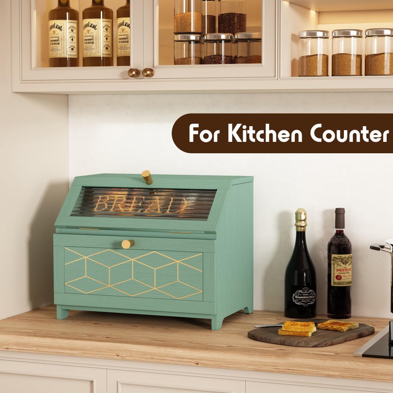 HOLTICO Double Layer Bread Box With Golden Trim for Countertop, Wooden Bread Container for Kitchen Counter, Corner Bread Storage (Green) - Image 2