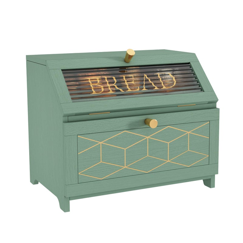 HOLTICO Double Layer Bread Box With Golden Trim for Countertop, Wooden Bread Container for Kitchen Counter, Corner Bread Storage (Green) - Image 1