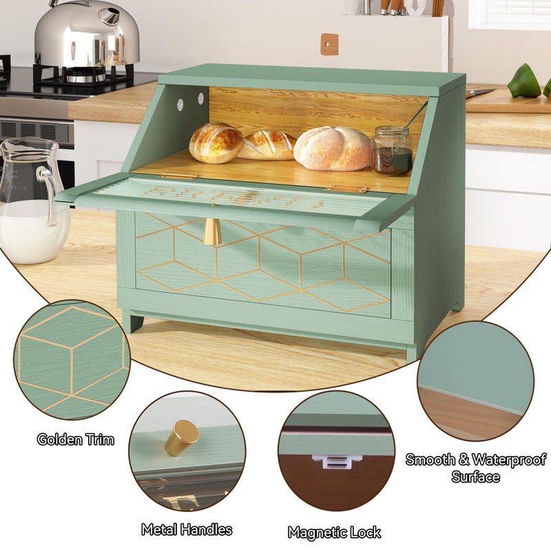 HOLTICO Double Layer Bread Box With Golden Trim for Countertop, Wooden Bread Container for Kitchen Counter, Corner Bread Storage (Green) - Image 4