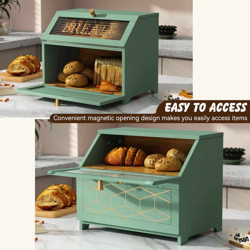 HOLTICO Double Layer Bread Box With Golden Trim for Countertop, Wooden Bread Container for Kitchen Counter, Corner Bread Storage (Green) - Image 3