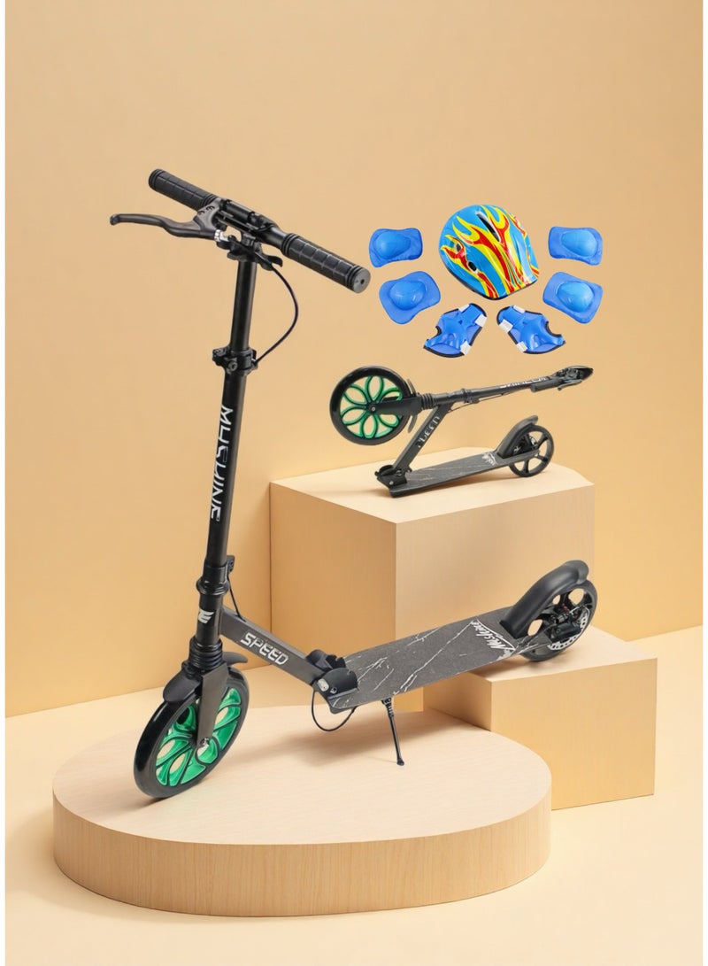 إيزي فيتشور سكوتر EASY FUTURE مزود بفرامل خلفية ومقبض، سكوترات للأطفال بعجلات كبيرة ومقبض قابل للطي وتعديل الارتفاع، مناسب للأطفال من 7 إلى 14 سنة، يشمل مجموعة كاملة من معدات الحماية. - Image 1