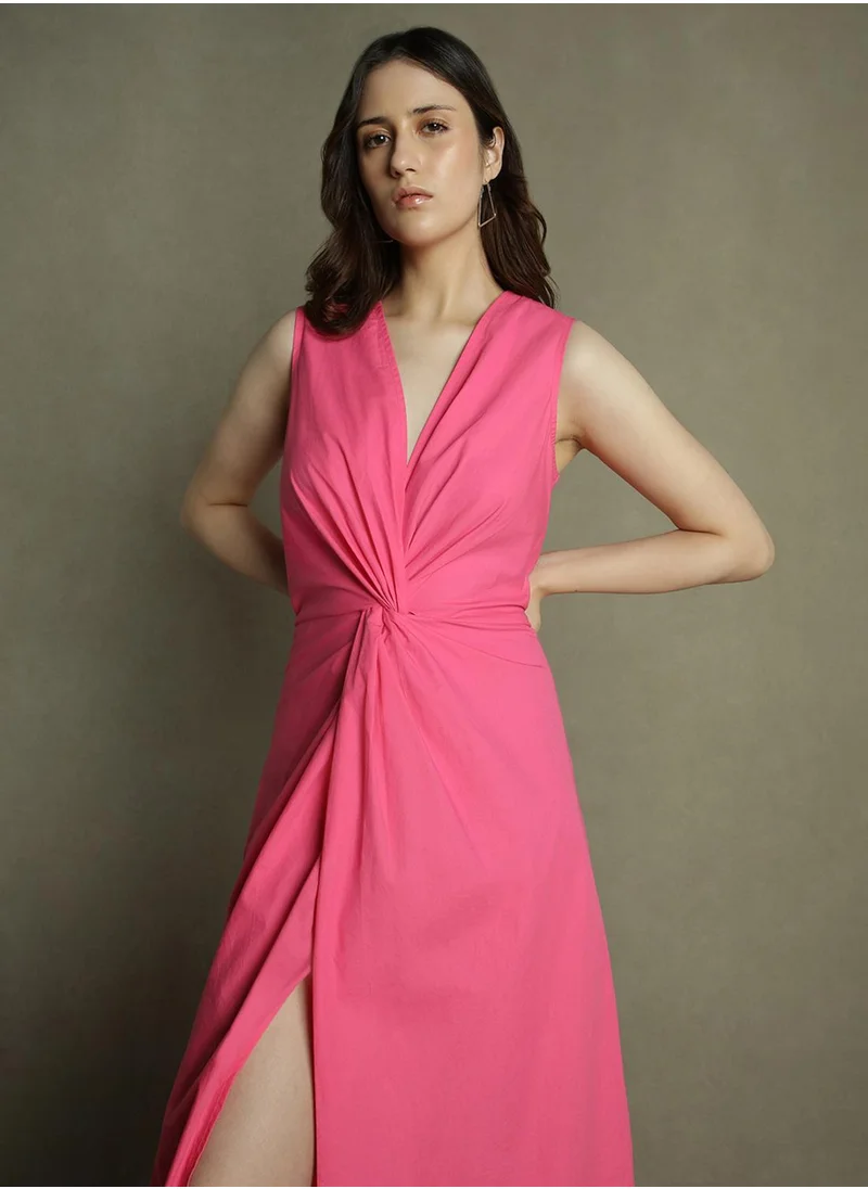Dennis Lingo Women's Pink 100% Cotton Solid Slim Fit Dress