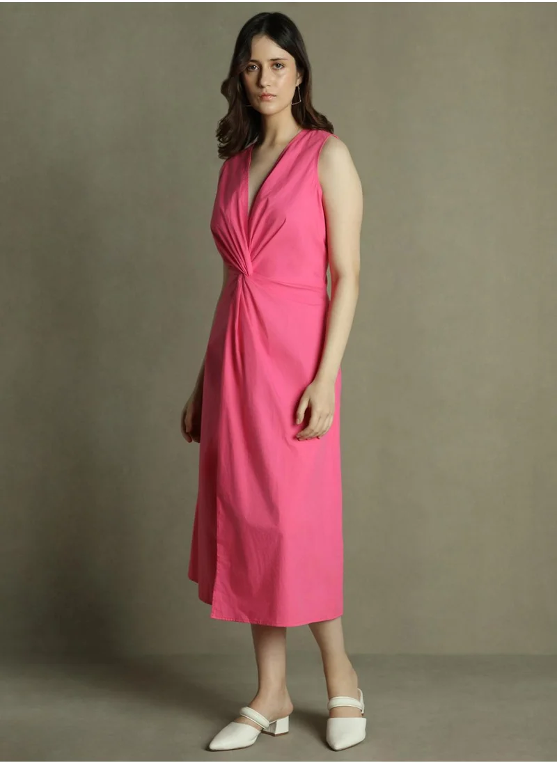 Dennis Lingo Women's Pink 100% Cotton Solid Slim Fit Dress