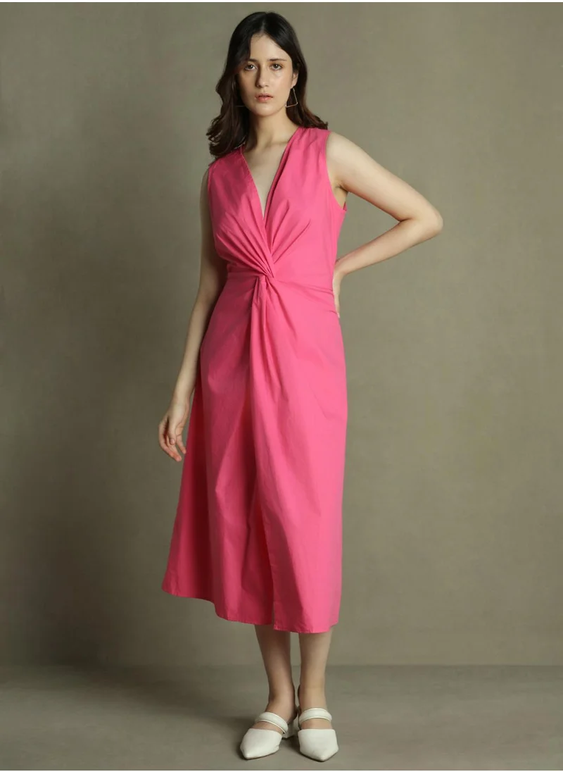 Dennis Lingo Women's Pink 100% Cotton Solid Slim Fit Dress