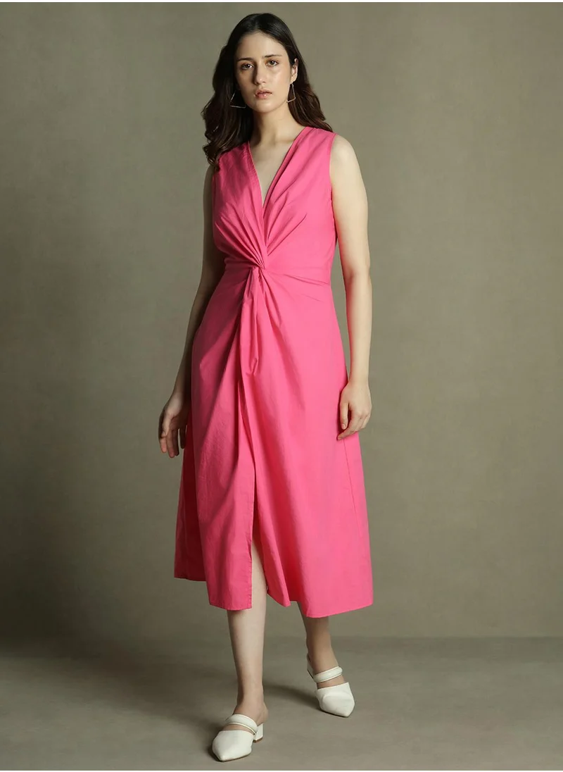 Dennis Lingo Women's Pink 100% Cotton Solid Slim Fit Dress