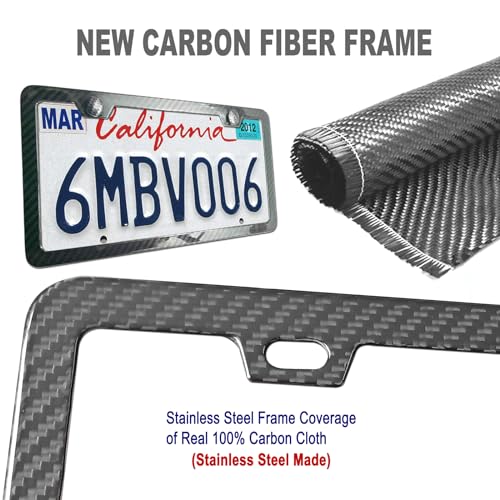 ZXFOOG Carbon Fiber License Plate Frame- 100% Handcrafted Real Carbon Fiber Cloth Wrapped Holder, Slim Black Stainless Steel Car Tag Cover with Screws Caps, Rattle Proof Pad, 1 Pack 2 Hole - Image 4