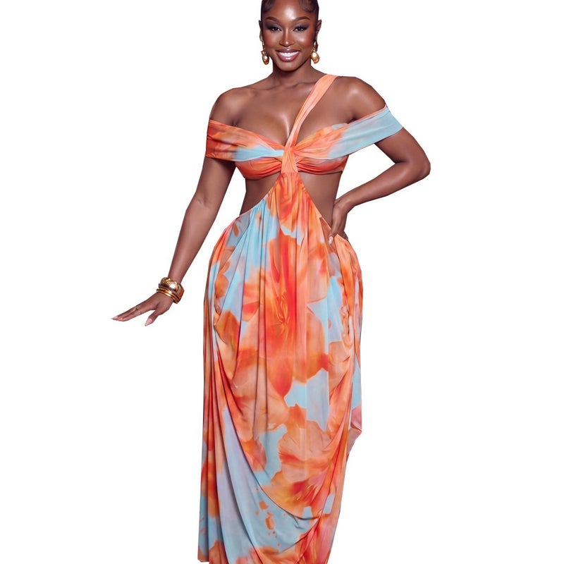 Women's Off-Shoulder Slim Fit Colour Blocked Vacation Dress - Image 5