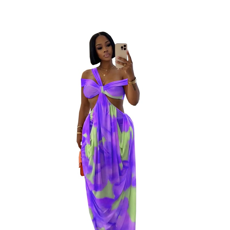 Women's Off-Shoulder Slim Fit Colour Blocked Vacation Dress - Image 3