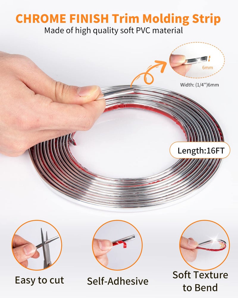 INSAUTO 16Ft Chrome Car Trim Strip, Self-Adhesive Automotive Exterior and Interior Side Body Moulding, 1/4 inch (6mm) Scratch-Proof Silver DIY Accessories for Decorate Bumper Door Window - Image 3