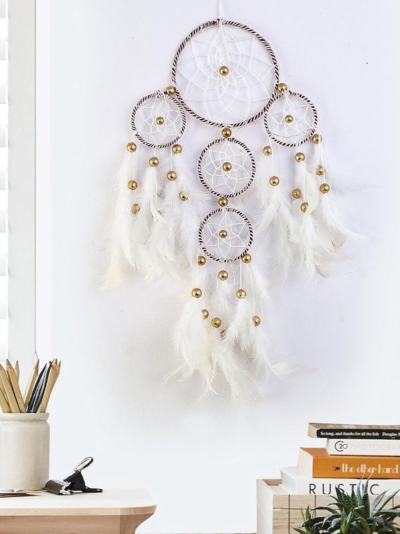 ROOH dream catcher ~ White and Brown 4 Tier with Pretty Lights ~ Handmade Hangings for Positivity ( Can be Used as Home Decor, Gift, Wall Hangings, Meditation Room, Yoga Temple, Feather Wind Chime & Car Hanging ) - Image 2