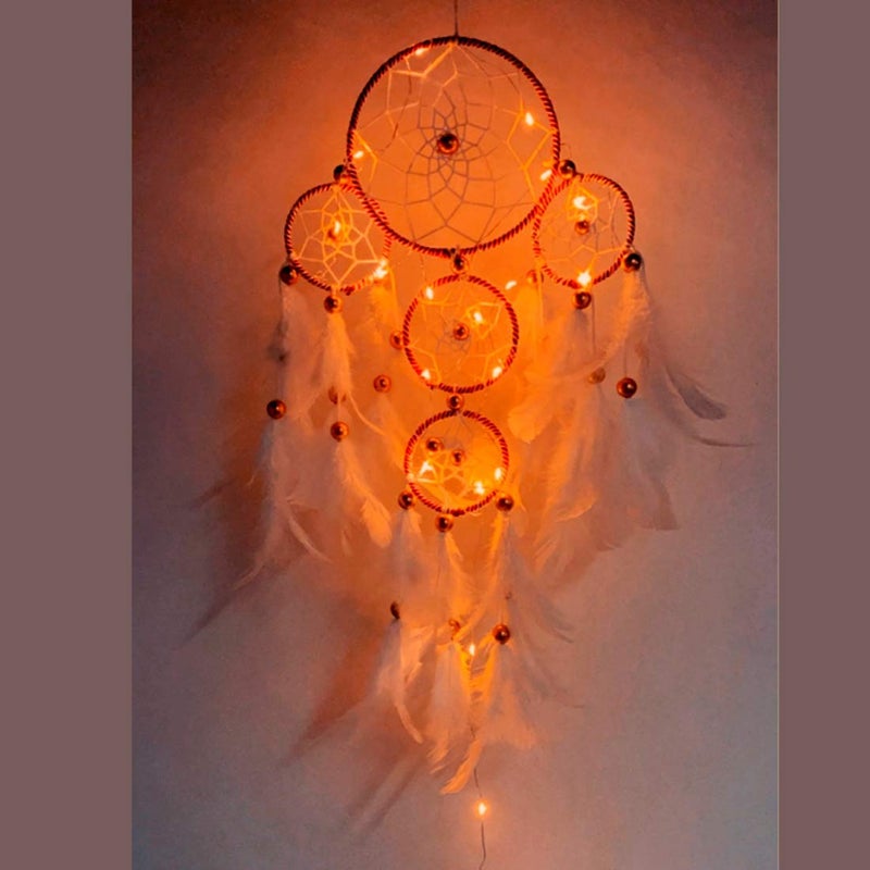 ROOH dream catcher ~ White and Brown 4 Tier with Pretty Lights ~ Handmade Hangings for Positivity ( Can be Used as Home Decor, Gift, Wall Hangings, Meditation Room, Yoga Temple, Feather Wind Chime & Car Hanging ) - Image 1