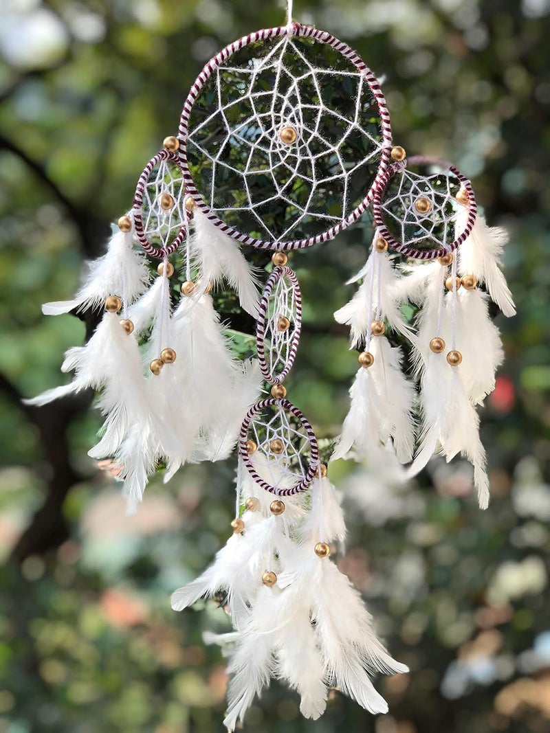 ROOH dream catcher ~ White and Brown 4 Tier with Pretty Lights ~ Handmade Hangings for Positivity ( Can be Used as Home Decor, Gift, Wall Hangings, Meditation Room, Yoga Temple, Feather Wind Chime & Car Hanging ) - Image 3