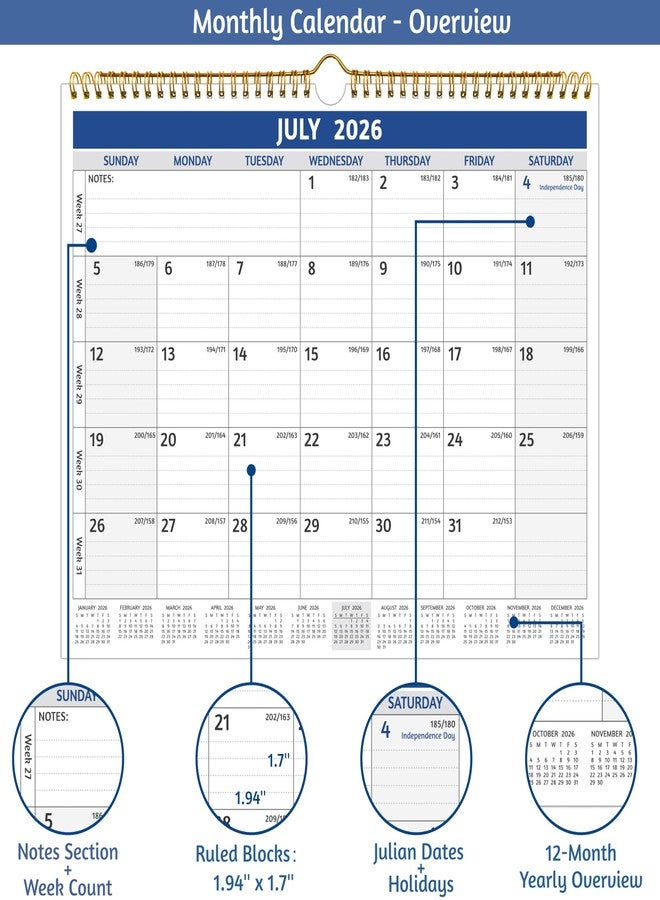BowCuk 2026 Wall Calendar - 2026 Calendar, Jan 2026 - Dec 2026, 14.57 x 11.42 In, 12 Monthly Calendar 2026 with Thick Paper, Large Ruled Blocks ＆ Notes, Week’s Number, Holidays, Yearly Overview - Image 3