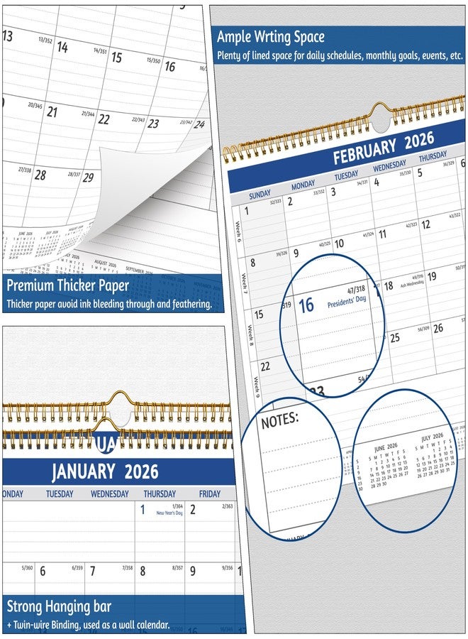 BowCuk 2026 Wall Calendar - 2026 Calendar, Jan 2026 - Dec 2026, 14.57 x 11.42 In, 12 Monthly Calendar 2026 with Thick Paper, Large Ruled Blocks ＆ Notes, Week’s Number, Holidays, Yearly Overview - Image 4