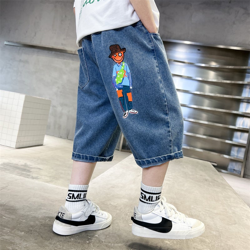 Boys' Denim Cropped Pants Summer Fashion Brand Children'S Pants Thin Loose Middle And Big Children'S Shorts For Outer Wear - Image 2