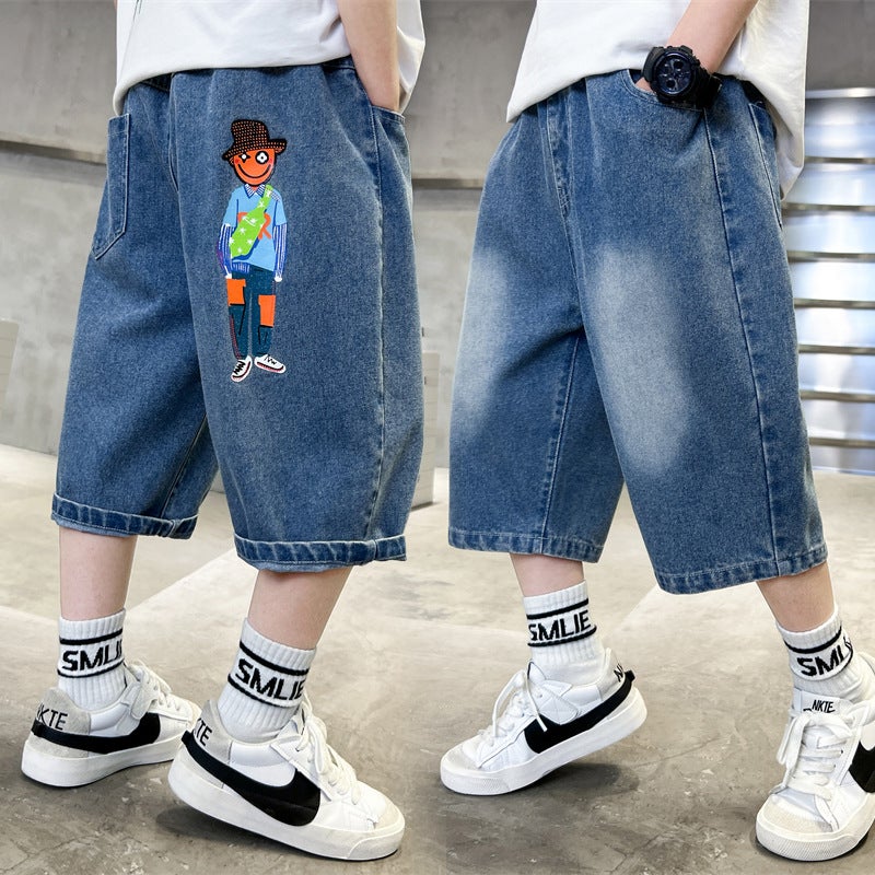 Boys' Denim Cropped Pants Summer Fashion Brand Children'S Pants Thin Loose Middle And Big Children'S Shorts For Outer Wear - Image 1