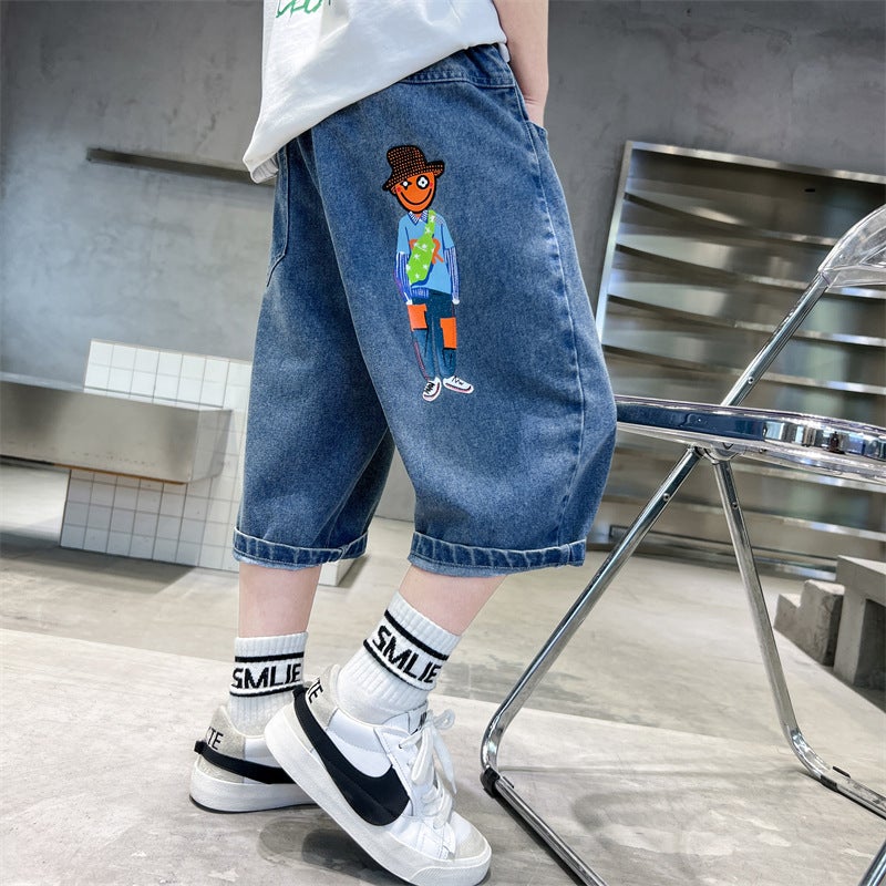 Boys' Denim Cropped Pants Summer Fashion Brand Children'S Pants Thin Loose Middle And Big Children'S Shorts For Outer Wear - Image 4