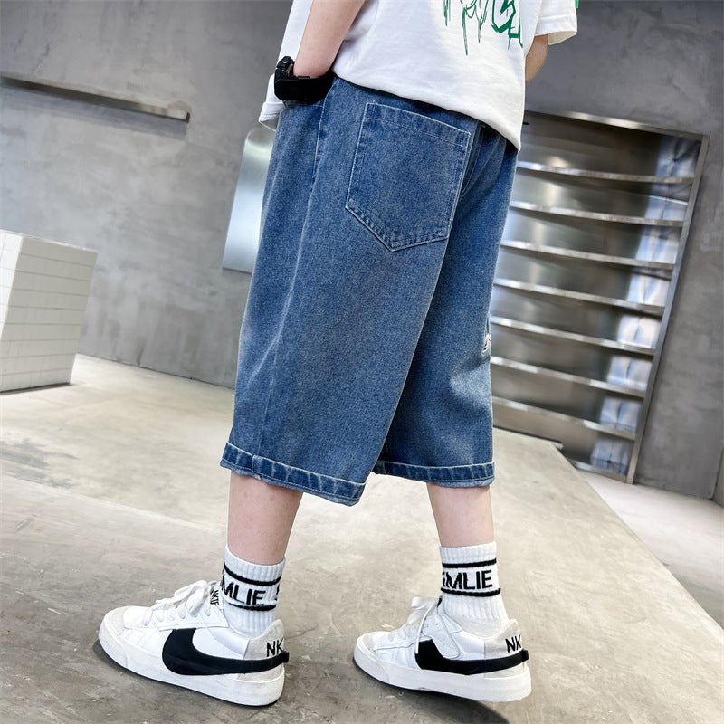 Boys' Denim Cropped Pants Summer Fashion Brand Children'S Pants Thin Loose Middle And Big Children'S Shorts For Outer Wear - Image 5