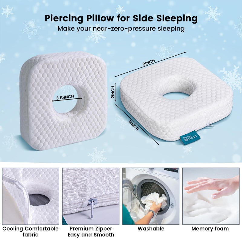 TEXSTEAD Ear Pillow with Ear Piercing for Side Sleeping, Ear Hole Memory Foam Donut Pillows for Ear Pain CNH Earring Pierced Pillow, Square, White - Image 3