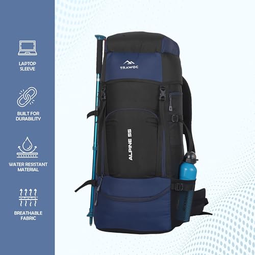 TRAWOC ALPINE 55 Liter Travel Backpack Front & Top Loading Camping Rucksack Hiking Trekking Bag for Men & Women, SHK007 Navy Blue, 3 Year Warranty - Image 5