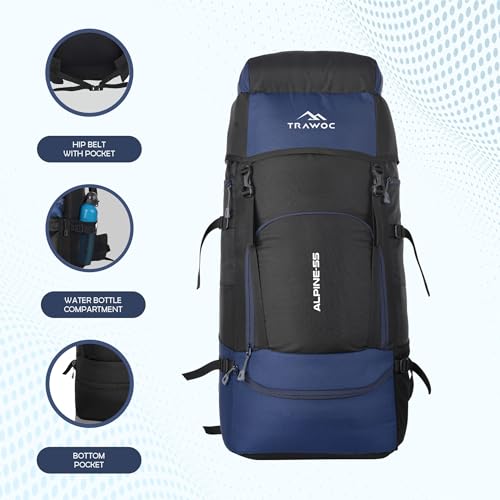 TRAWOC ALPINE 55 Liter Travel Backpack Front & Top Loading Camping Rucksack Hiking Trekking Bag for Men & Women, SHK007 Navy Blue, 3 Year Warranty - Image 2